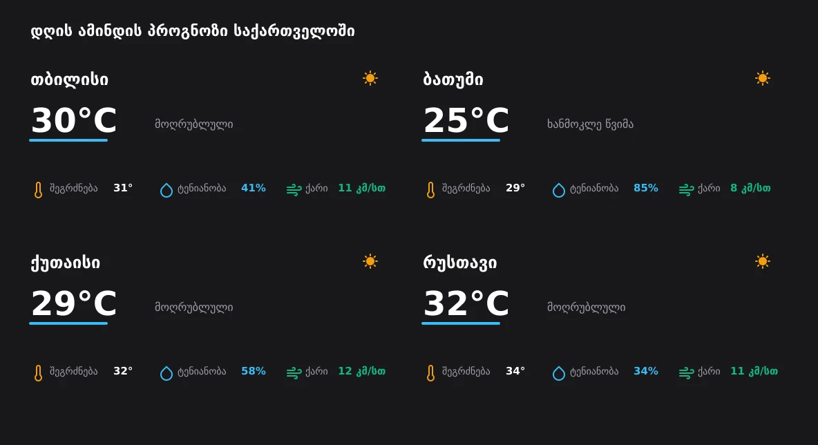 საქართველოს ამინდის დეტალური მიმოხილვა - 2026 წლის 11 აგვისტო